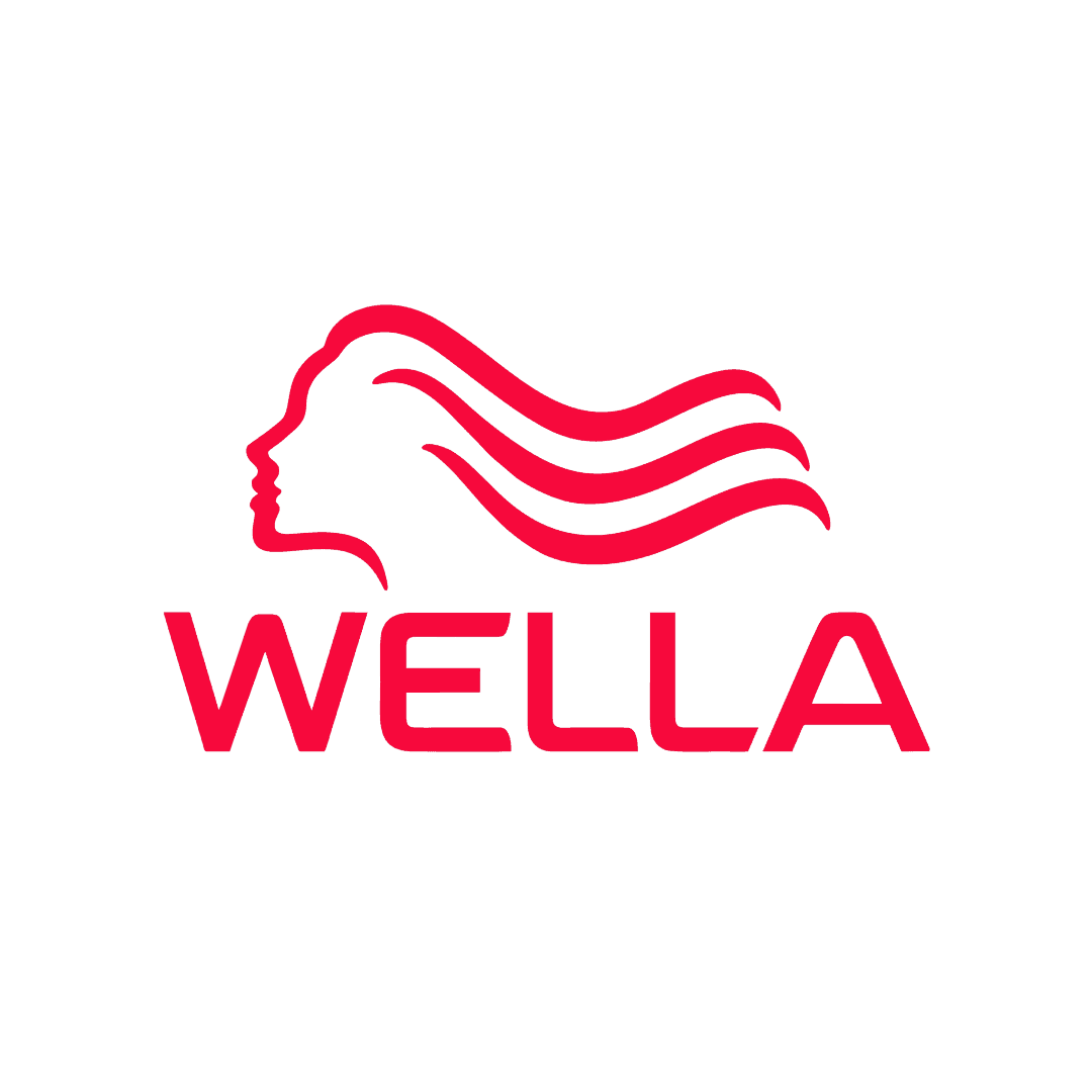 Wella logo with a red silhouette of a woman's head and flowing hair.